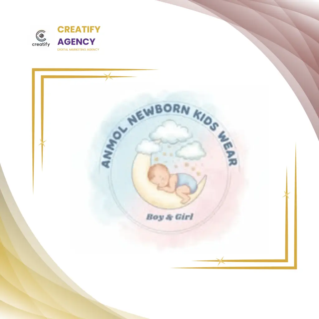 Anmol Newborn Kids Wear logo featuring a sleeping baby on a crescent moon with soft pastel clouds, representing comfortable baby clothing for boys and girls.