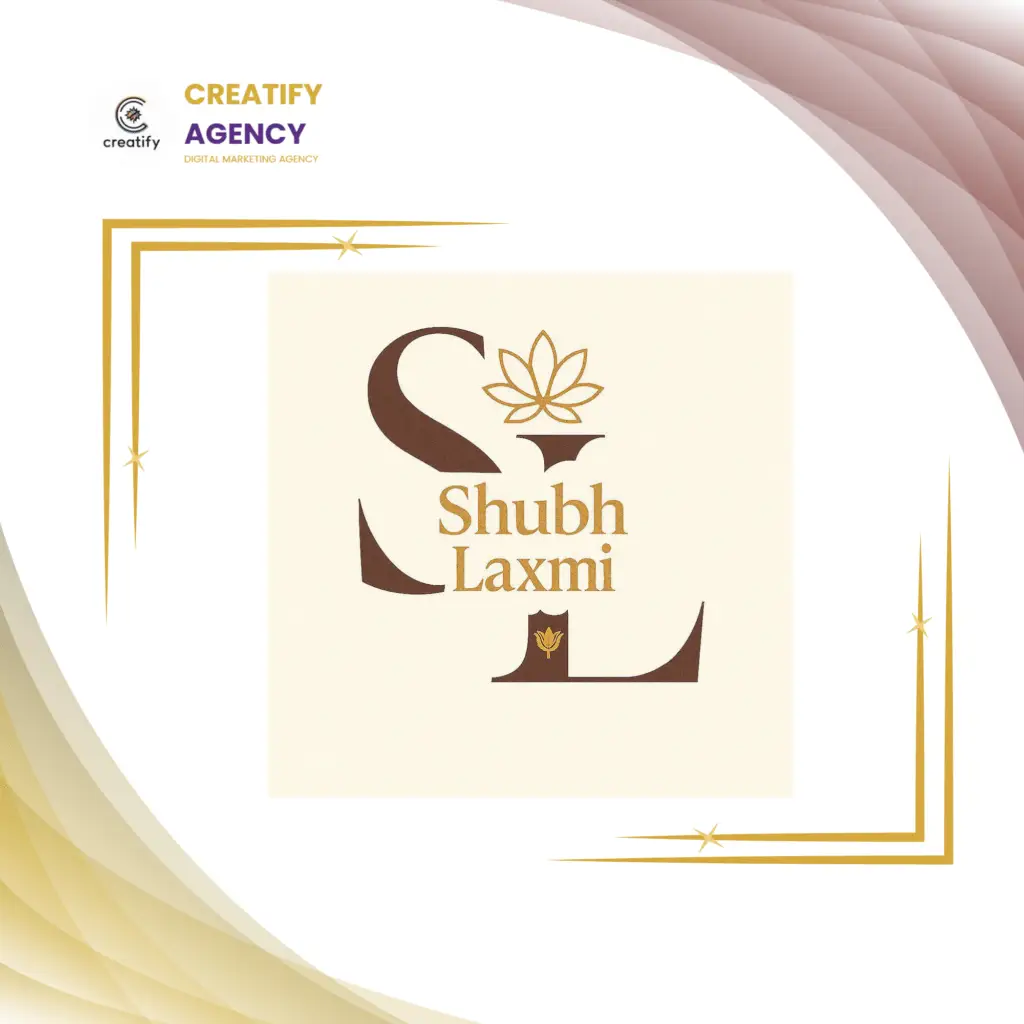 Luxury “Shubh Laxmi” logo design featuring elegant gold and brown typography with a lotus icon, created for branding and website use.